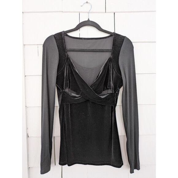 Y2K Crisscross Bust Velvet Jersey Knit Mixed Media Top Goth Grunge Indie Sleaze - Picture 1 of 3